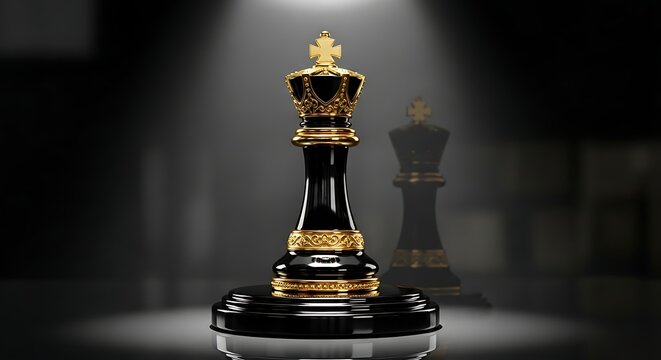 The majestic black chess king stands proudly on a pedestal indoors.