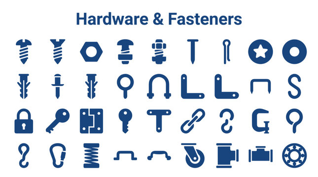 Collection of hardware and fasteners icons representing building and repair tools and supplies