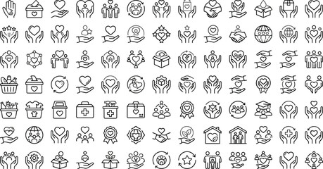 Obraz premium Generative AI vector illustration of charity donation and community volunteering line icon set featuring hearts helping hands and support symbols