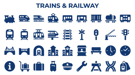 Collection of railway and train icons representing transportation, travel, and logistics concepts © Iconique Studio