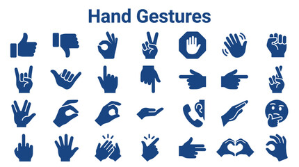Collection of diverse blue hand gestures icons symbolizing communication agreement disapproval celebration and various actions against a white background © Iconique Studio