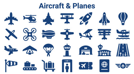 Collection of aircraft and airplane icons symbolizing air travel transportation and aviation industry concepts including rockets helicopters drones and airships for graphic design © Iconique Studio