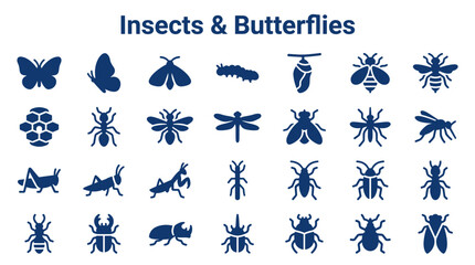 Collection of various insect and butterfly icons and silhouettes representing the diversity of the insect world and nature © Iconique Studio