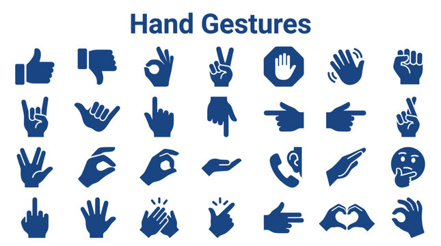 Collection of diverse blue hand gestures icons symbolizing communication agreement disapproval celebration and various actions against a white background