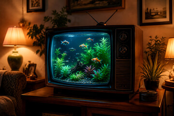 Fototapeta premium Vintage Television Transformed Into Creative Aquarium Display Featuring Colorful Fish Aquatic Plants And Cozy Retro Interior Decor