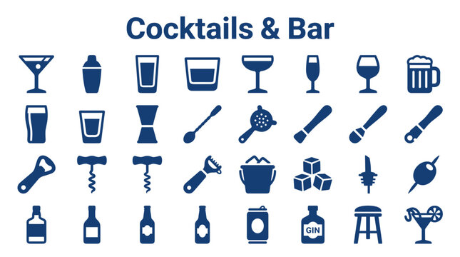 Collection of bar and cocktail icons representing alcoholic beverages and bar tools for drinks and parties