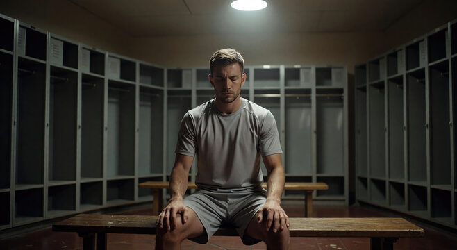 Exhausted athlete sitting on bench in locker room. Depressed man resting after hard sports training. Sad sportsman reflecting on defeat in changing room. Mental state and stress concept.