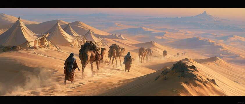 Abraham journeying through an ancient desert with camels and tents beneath a vast golden-horizoned sky, nomadic realism in photorealistic rendering