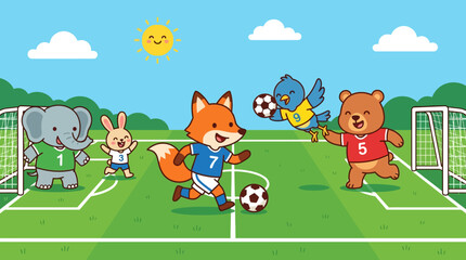 Fototapeta premium Cute animal soccer match, sun, clouds, green field, teams playing football game