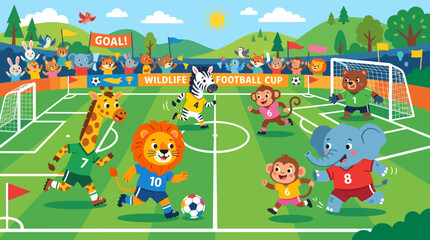 Naklejka premium Cute Animals Play Football Match - Wildlife Soccer Game