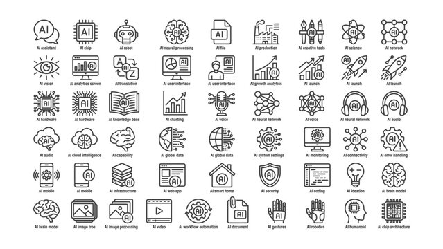 Collection of artificial intelligence related icons and symbols for technology and innovation concepts