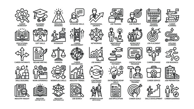 Collection of various career development and professional growth icons and symbols