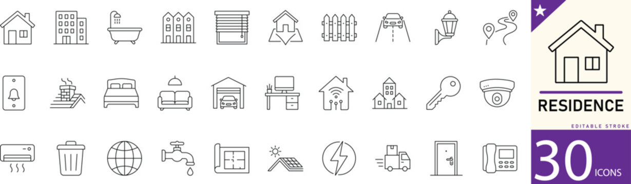 Residence line icon set for home, housing, apartment, residential property, living spaces, and real estate. Editable vector icons for property websites, real estate platforms, and housing projects.