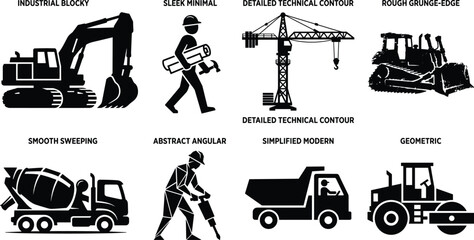 Construction vector silhouette set featuring heavy machinery vehicles engineer architect and builder icons in diverse graphic styles © MstMinara