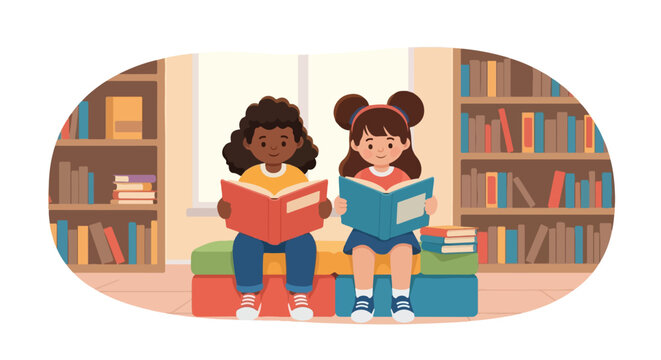 A warm flat vector illustration depicts two diverse young students&mdash;an African American girl and a Caucasian girl&mdash;sitting side-by-side on colorful block benches in a cozy library