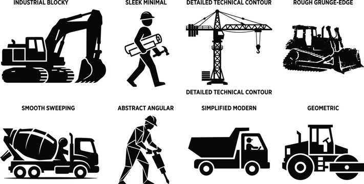 Construction vector silhouette set featuring heavy machinery vehicles engineer architect and builder icons in diverse graphic styles