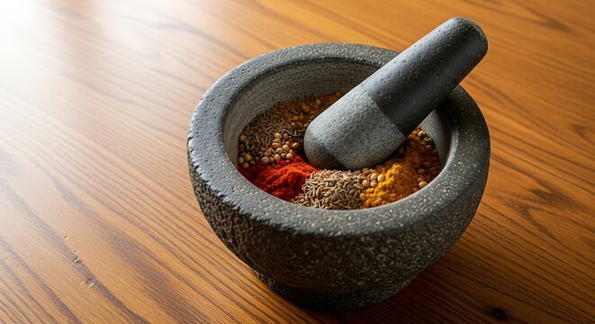 Granite mortar and pestle filled with colorful aromatic ground spices resting on a wooden table