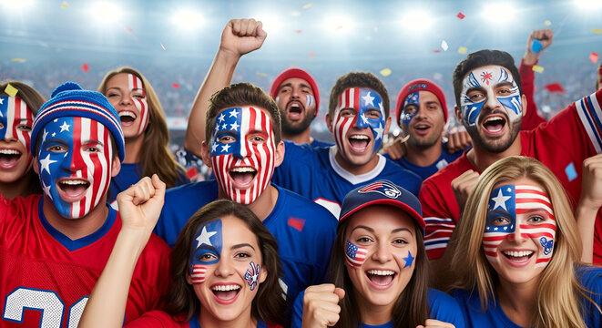 Excited American Sports Fans with Face Paint Cheering at Stadium Event