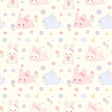 Cute Pastel Rabbit Seamless Pattern Adorable Animal Background