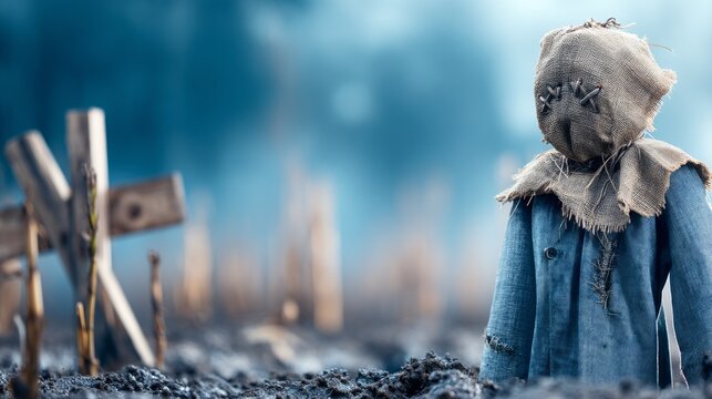 Creepy voodoo doll with burlap head and stitched face in eerie environment