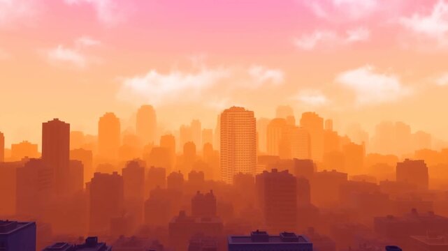 Panning shot of city skyline with layered high rise buildings and hazy sunrise glow over downtown rooftops and horizon