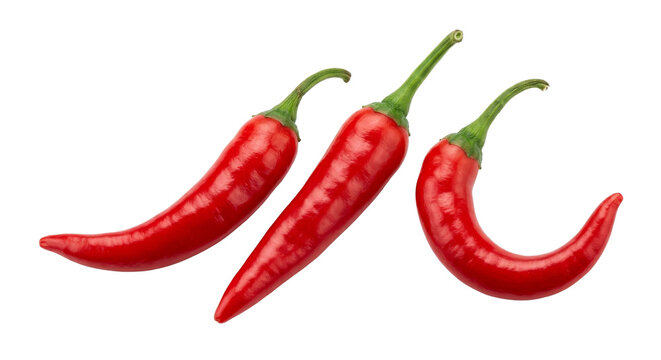 Three vibrant red chili peppers with green stems on a clean white background