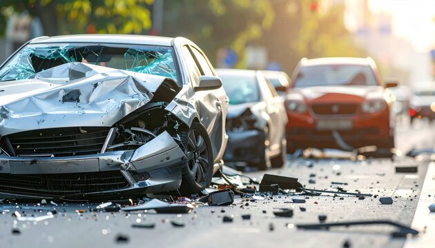 Multiple car crash scene with smashed vehicles on road