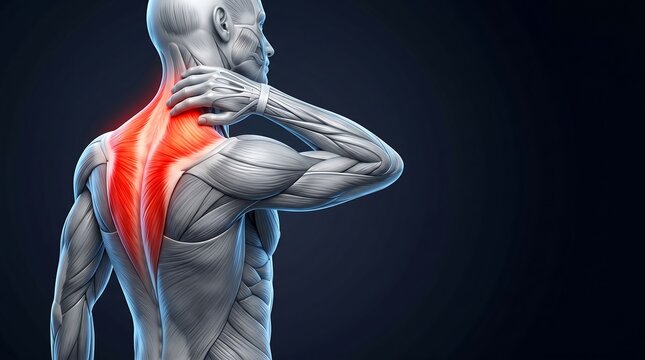 A 3D anatomical rendering of a man experiencing neck and upper back pain, with trapezius muscles highlighted in red.