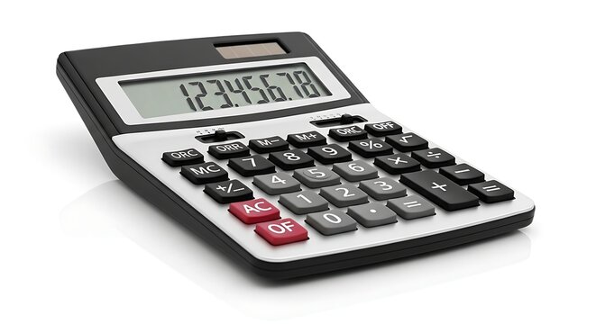 Black calculator with red OK button on white background display