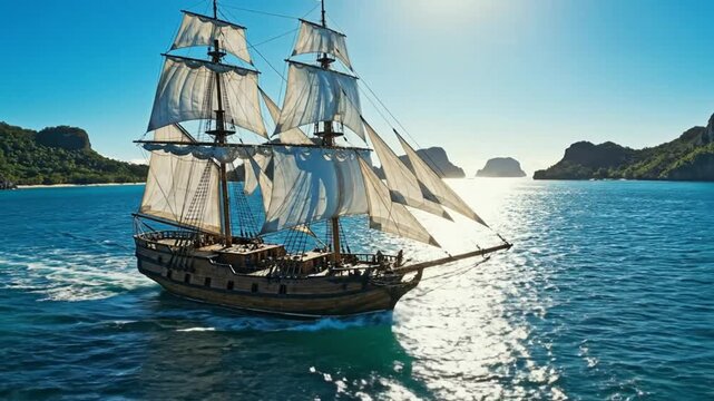 Wooden sailing ship with billowing white sails moves across a sparkling ocean on a sunny day