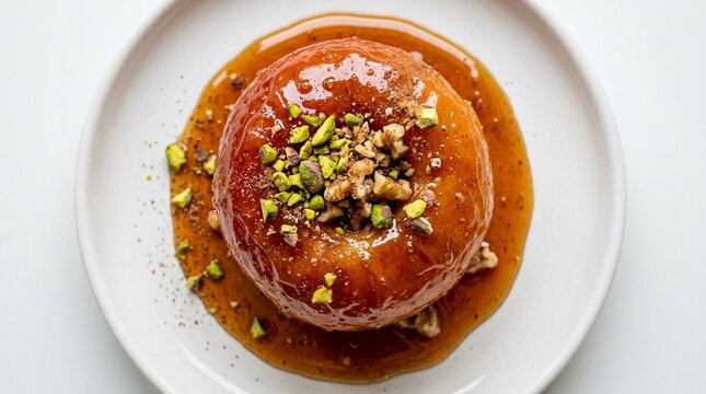 Vivid Turkish Elma Tatlısı Candied Apple Dessert with Syrup on White Plate | Traditional Fruit Dessert | Sweet Food Stock Photo