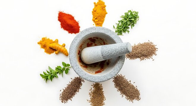 Stone mortar and pestle surrounded by colorful piles of aromatic spices and fresh green herbs