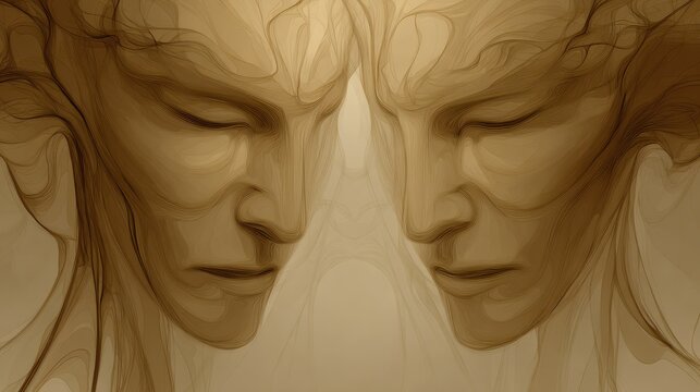 Symmetrical depiction of two ethereal faces turned inward with closed eyes