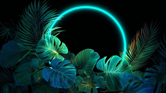 Abstract tropical composition with glowing neon ring surrounded by lush botanical foliage. Modern luxury background with vibrant lighting effect.