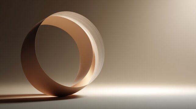 A Mobius strip with a reflective surface, casting a subtle shadow on a muted backdrop. The lighting highlights the illusion of infinity and continuous form