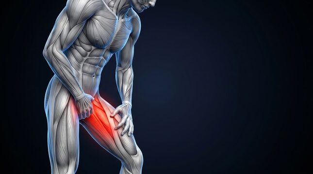 3D rendering of a male human body with muscles highlighted, showing pain in the upper thigh or groin area with a red glow.