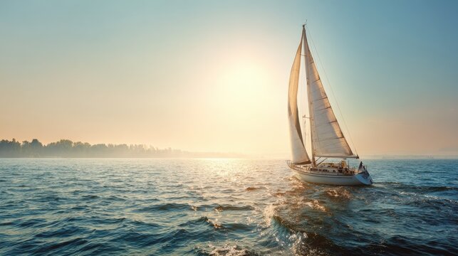 A sailboat glides across the water under a beautiful sunset, its sails catching the light. The sun is low on the horizon, casting a warm glow over the ocean and creating a serene, picturesque scene.