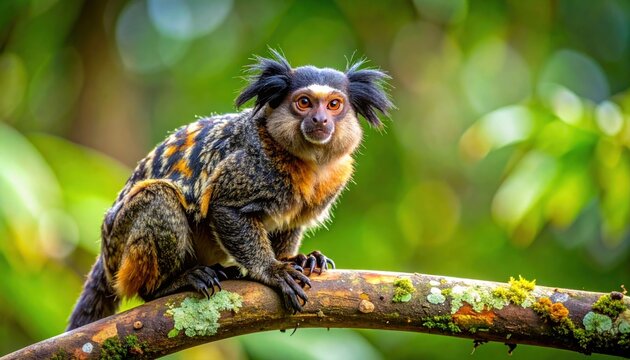 White-whiskered pygmy marmoset perched on mossy branch in lush forest