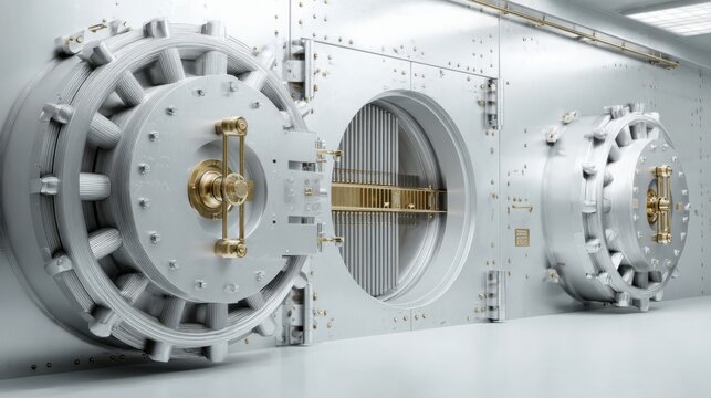 An open bank vault with large, circular doors and a bright, shiny interior, ready to store valuables