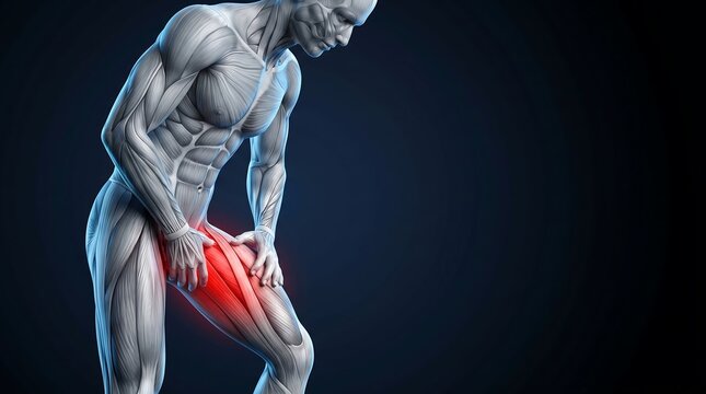 3D rendering of a male human body with highlighted leg pain, showing muscle and skeletal structure on a dark background.