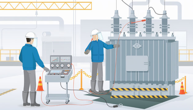 Electrical Engineers Operating and Inspecting Transformer Equipment in Power Substation Facility