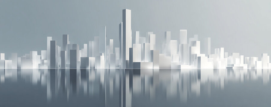 Abstract geometric skyline in 3D perspective, sleek premium glass texture, white minimalist branding, 32k ultra HD