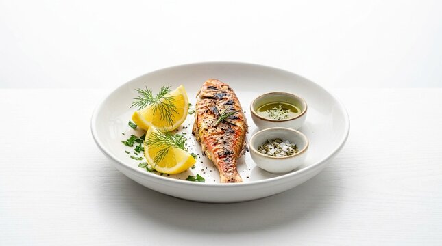Vivid Grilled Small Turkish Barbun Red Mullet Fish on White Plate | Crispy Whole Grilled Fish | Seafood Restaurant Stock Photo