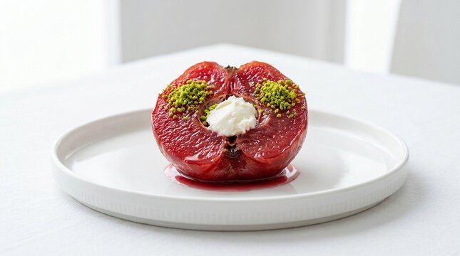 Vivid Halved Candied Ayva Quince Dessert Close-Up Showing Deep Ruby Color | Traditional Turkish Sweet | Dessert Stock Photo