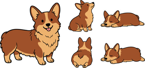 Cute corgi dog vector character set featuring pembroke welsh corgi standing sitting sleeping lying down and fluffy butt views © tofajjol studio
