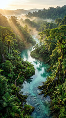 Obraz premium Heavenly Rainforest Waterway with Crystal Clear Turquoise Stream and Lush Tropical Jungle