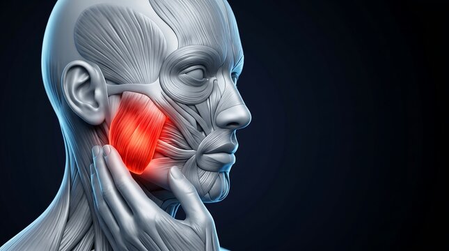 3D anatomical rendering of human head showing facial muscles and a red highlight indicating pain in the jaw area.