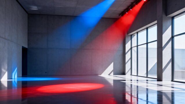 Empty room with colored light beams