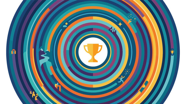 Abstract flat vector illustration featuring a central gold trophy cup surrounded by colorful concentric circular rings with small icons representing progress, goals, and success.