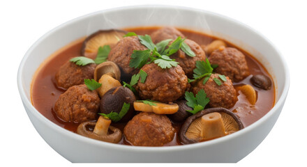 Fototapeta premium Bowl of savory meatballs in a rich tomato sauce with mushrooms and fresh parsley isolated on transparent background